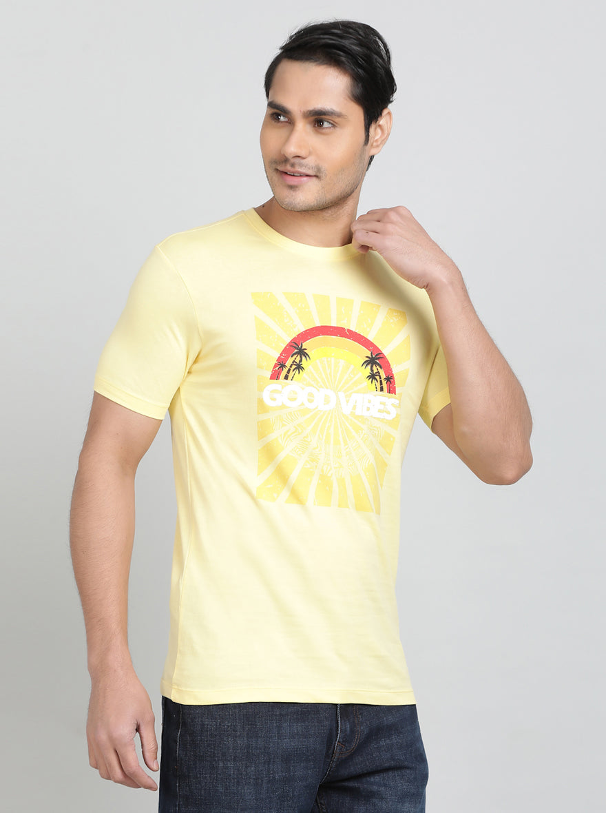 Lemon Yellow Printed Slim Fit T-Shirt | Greenfibre