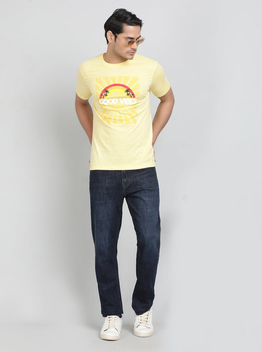 Lemon Yellow Printed Slim Fit T-Shirt | Greenfibre