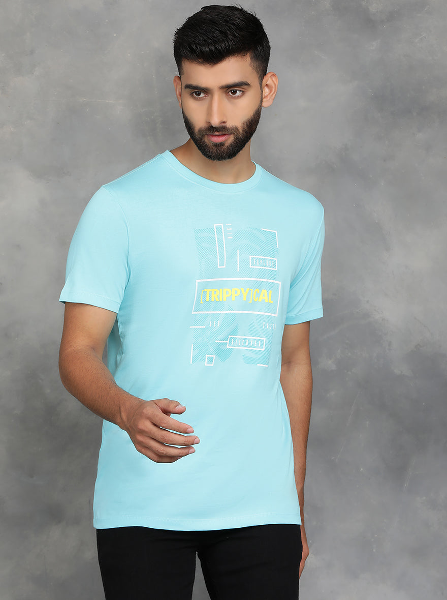 Aqua Blue Printed Slim Fit T-Shirt | GreenFibre