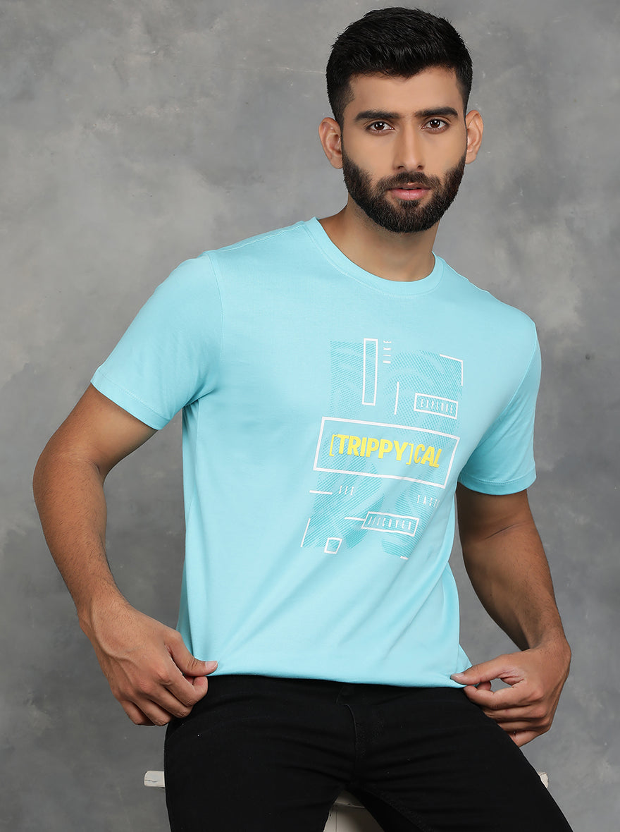 Aqua Blue Printed Slim Fit T-Shirt | GreenFibre