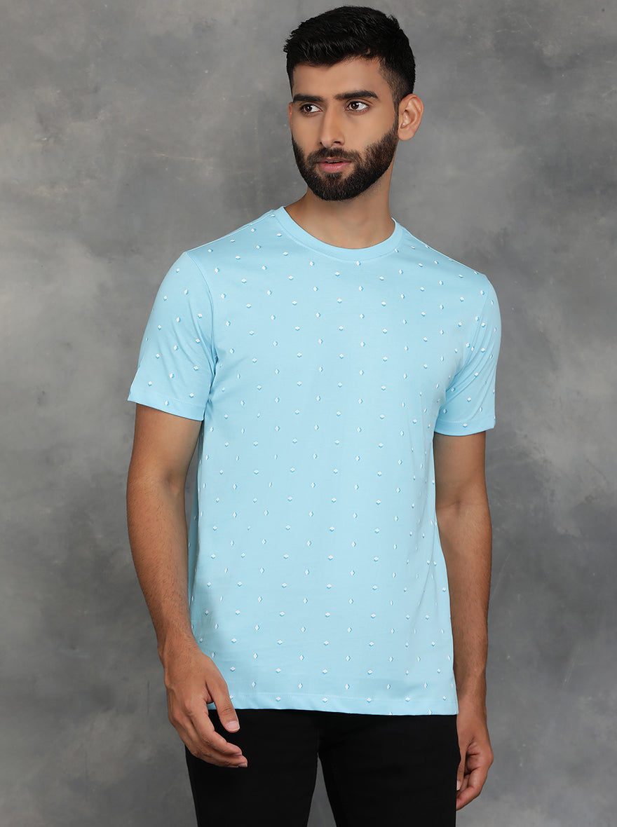 Light Blue Printed Slim Fit T-Shirt | GreenFibre