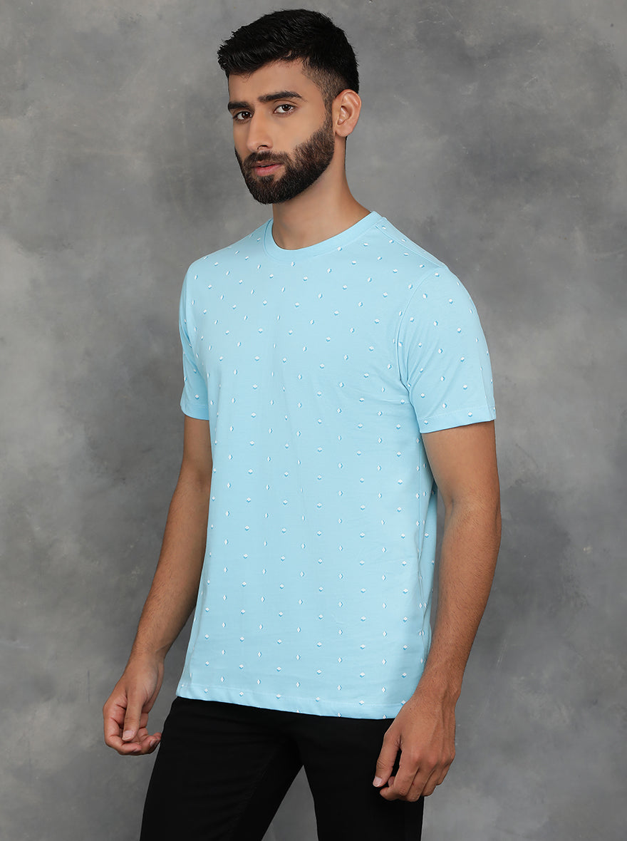 Light Blue Printed Slim Fit T-Shirt | GreenFibre