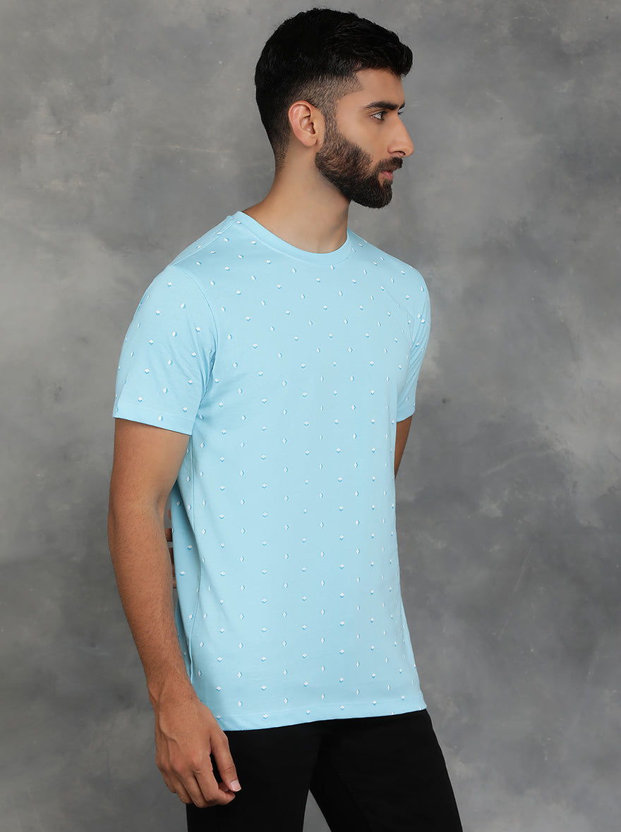 Light Blue Printed Slim Fit T-Shirt | GreenFibre