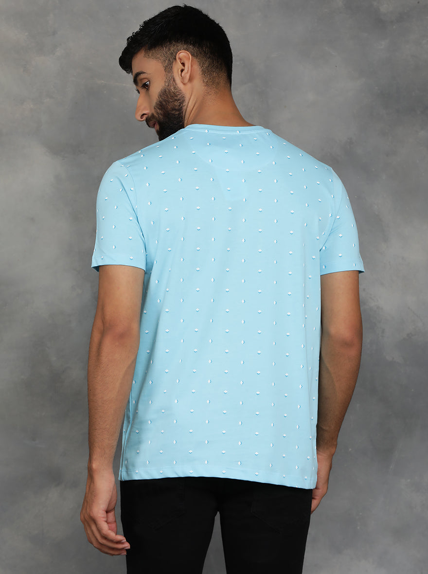 Light Blue Printed Slim Fit T-Shirt | GreenFibre