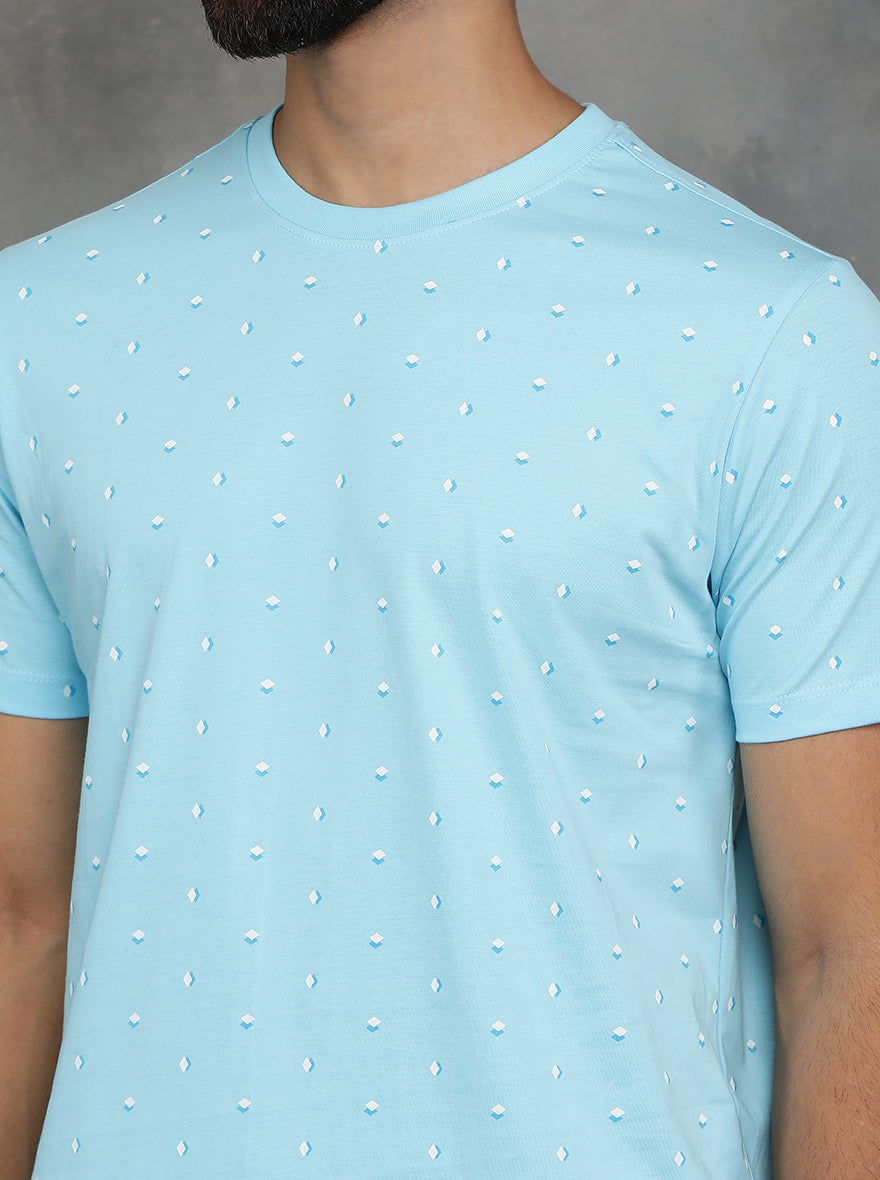 Light Blue Printed Slim Fit T-Shirt | GreenFibre