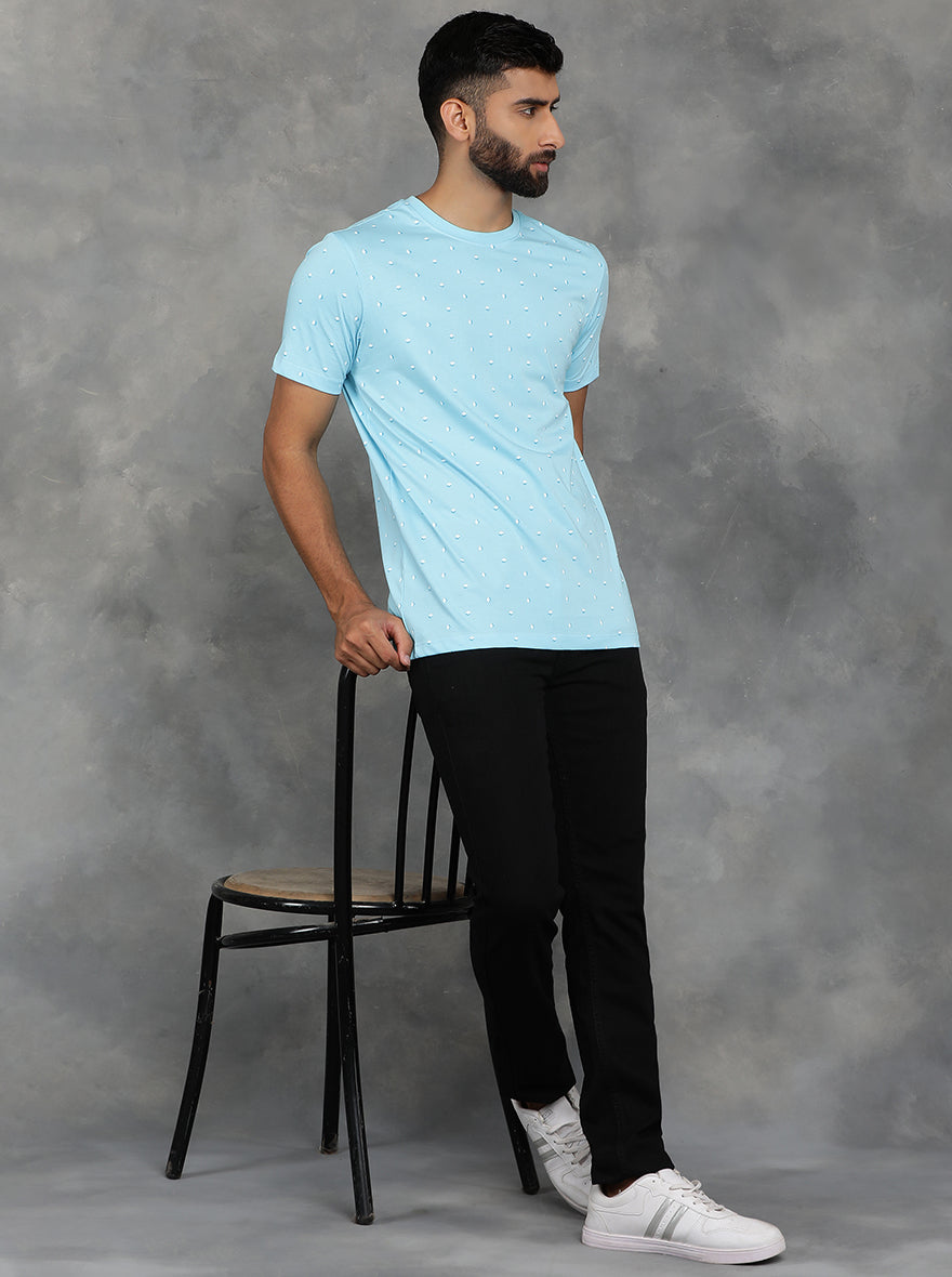 Light Blue Printed Slim Fit T-Shirt | GreenFibre