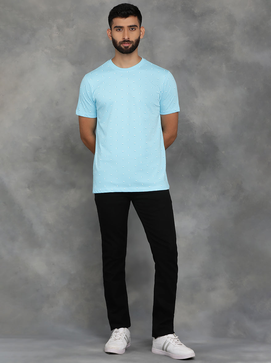 Light Blue Printed Slim Fit T-Shirt | GreenFibre