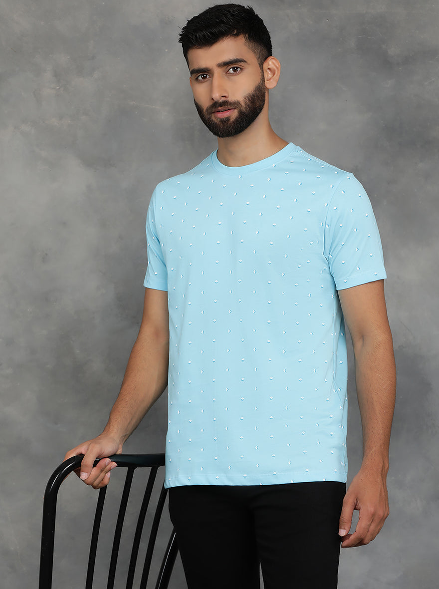 Light Blue Printed Slim Fit T-Shirt | GreenFibre