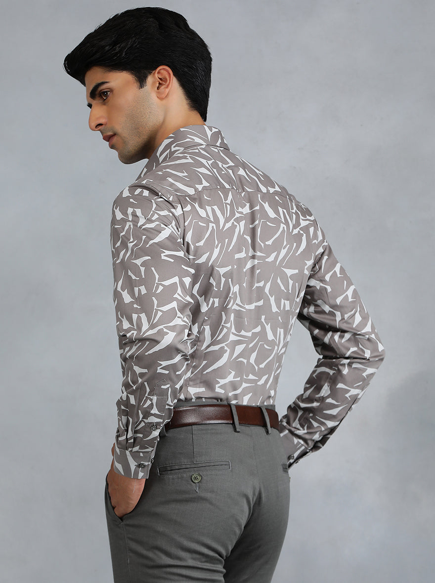 Dark Grey Printed Slim Fit Party Wear Shirt | Greenfibre