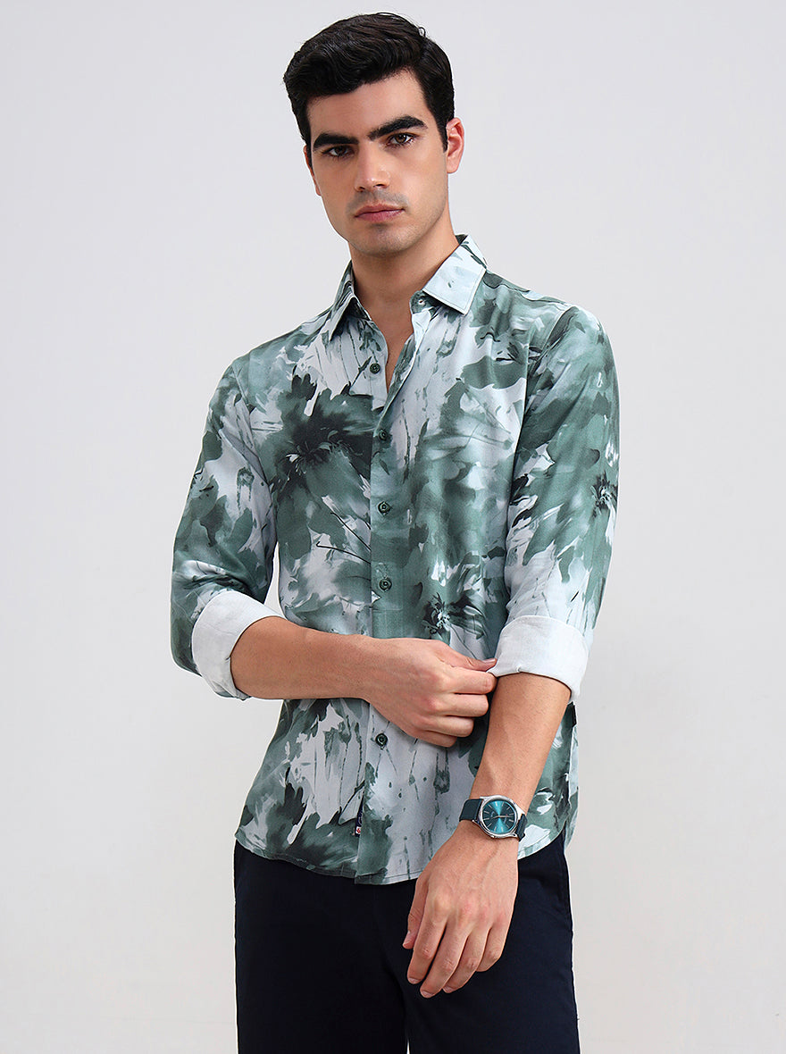 Green Printed Slim Fit Casual Shirt | Greenfibre