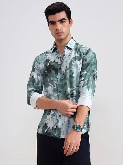 Green Printed Slim Fit Casual Shirt | Greenfibre