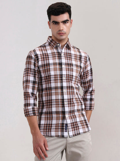 Beige Checked Slim Fit Casual Shirt | Greenfibre