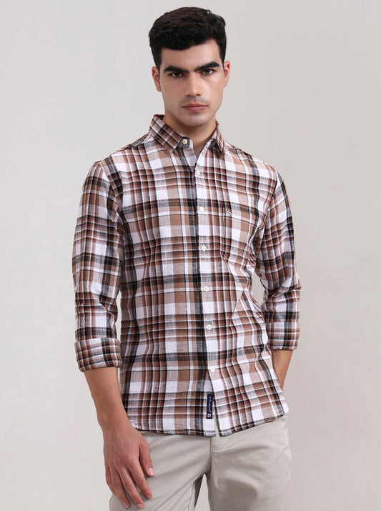 Beige Checked Slim Fit Casual Shirt | Greenfibre