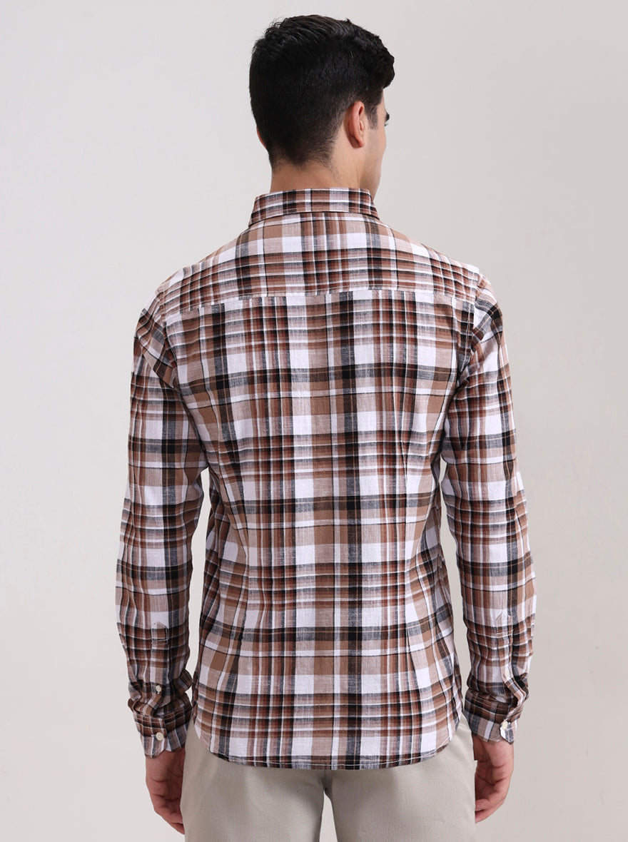 Beige Checked Slim Fit Casual Shirt | Greenfibre