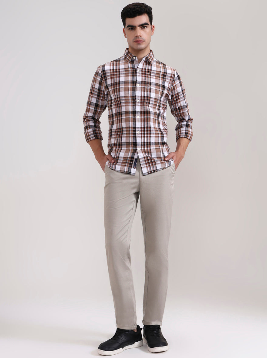 Beige Checked Slim Fit Casual Shirt | Greenfibre