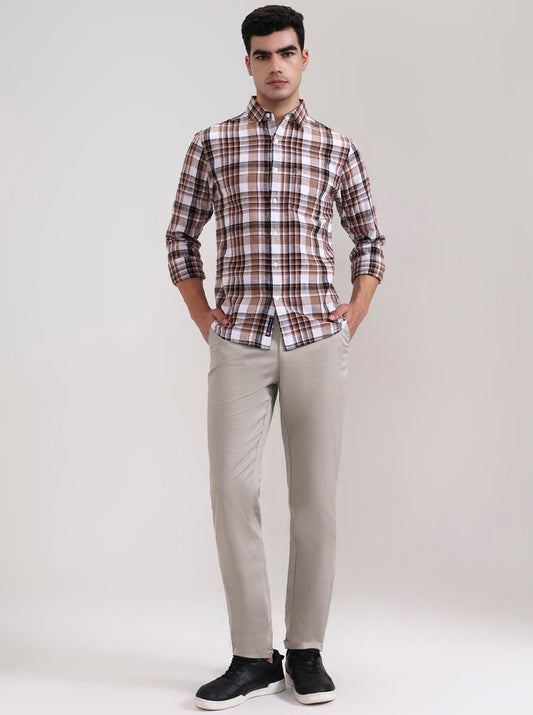 Beige Checked Slim Fit Casual Shirt | Greenfibre