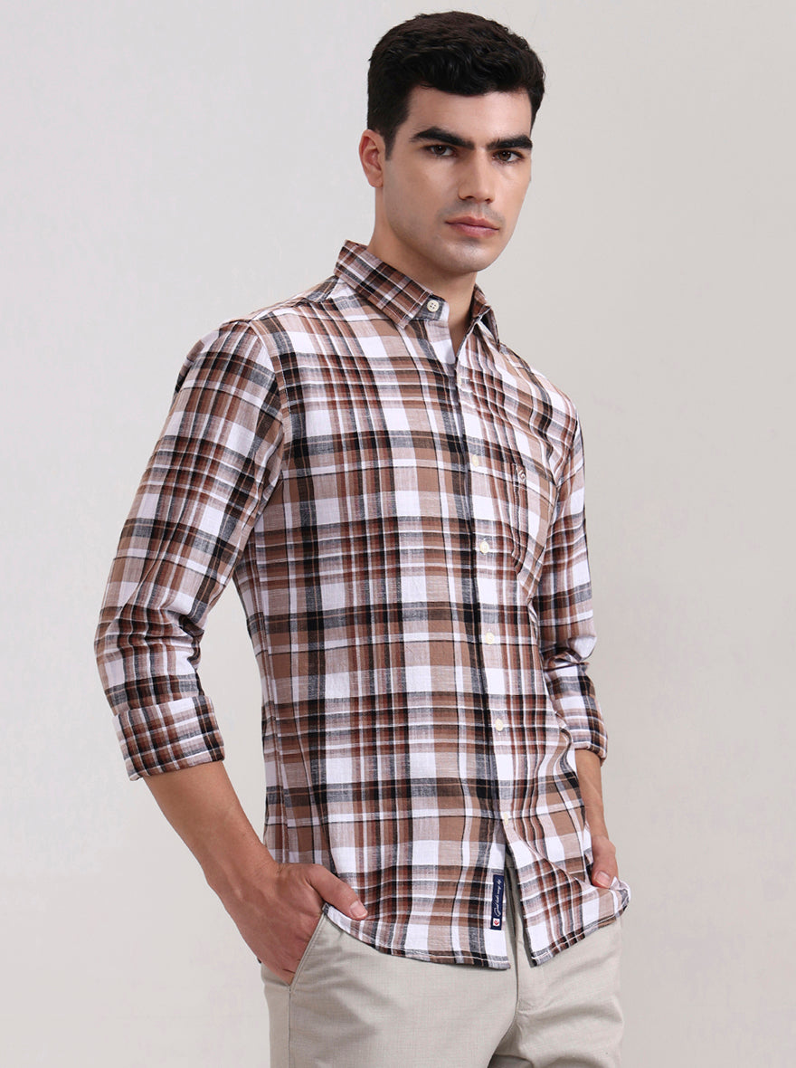 Beige Checked Slim Fit Casual Shirt | Greenfibre