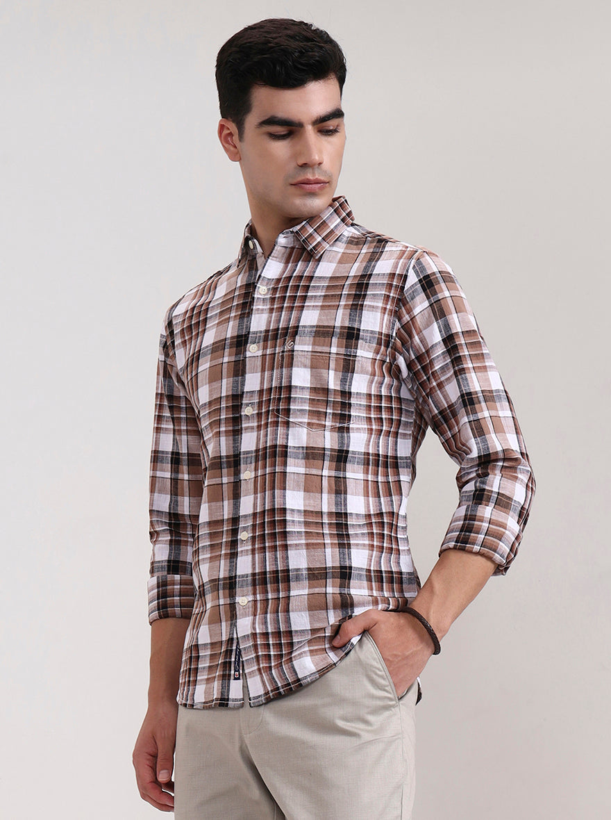Beige Checked Slim Fit Casual Shirt | Greenfibre
