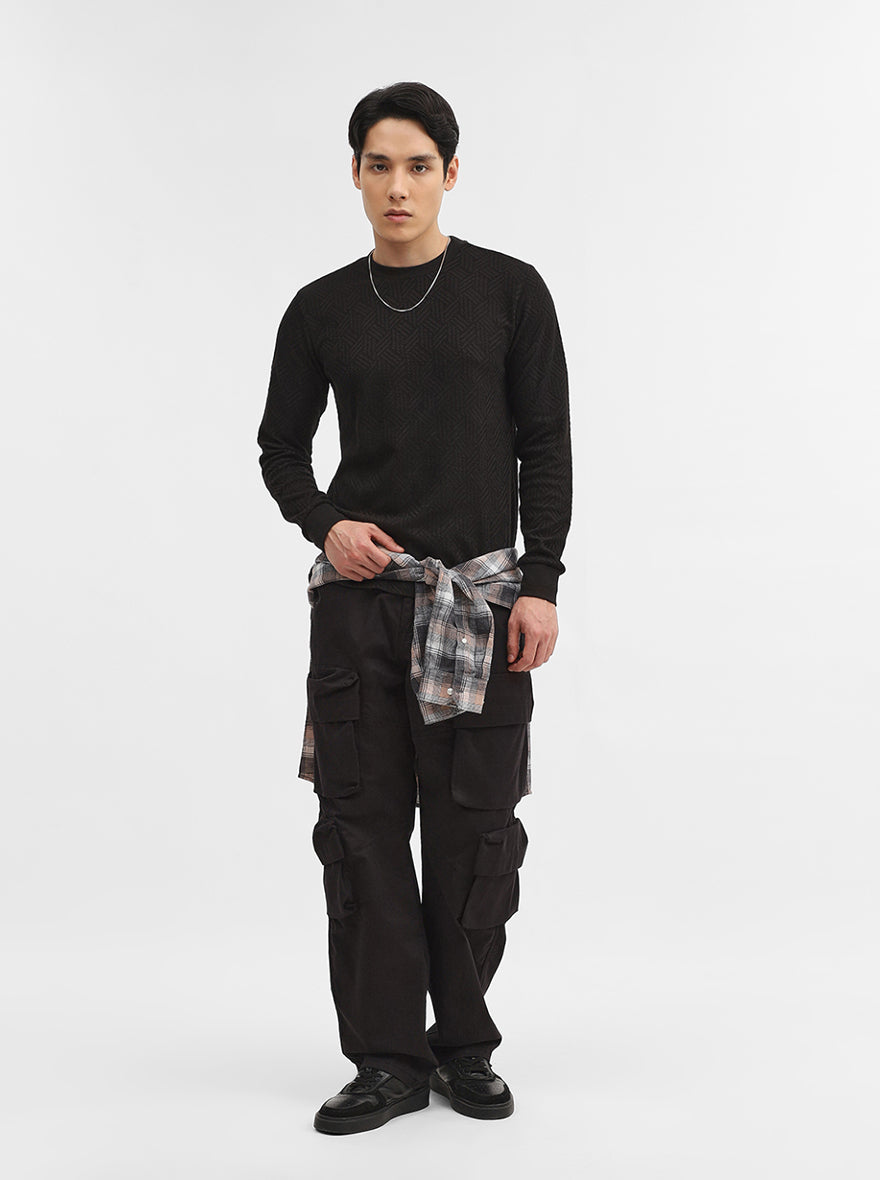 Black Jacquard Slim Fit Winter T-Shirt | Greenfibre