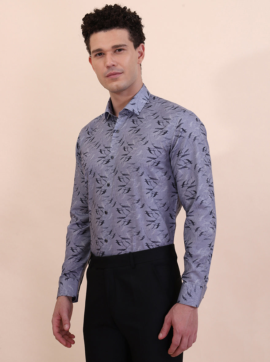 Grey Printed Slim Fit Party Wear Shirt | Greenfibre