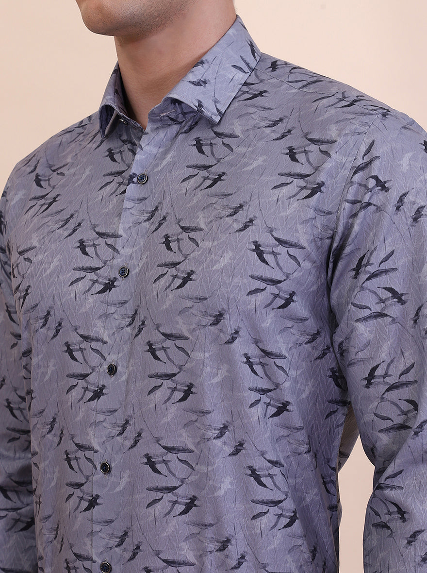 Grey Printed Slim Fit Party Wear Shirt | Greenfibre