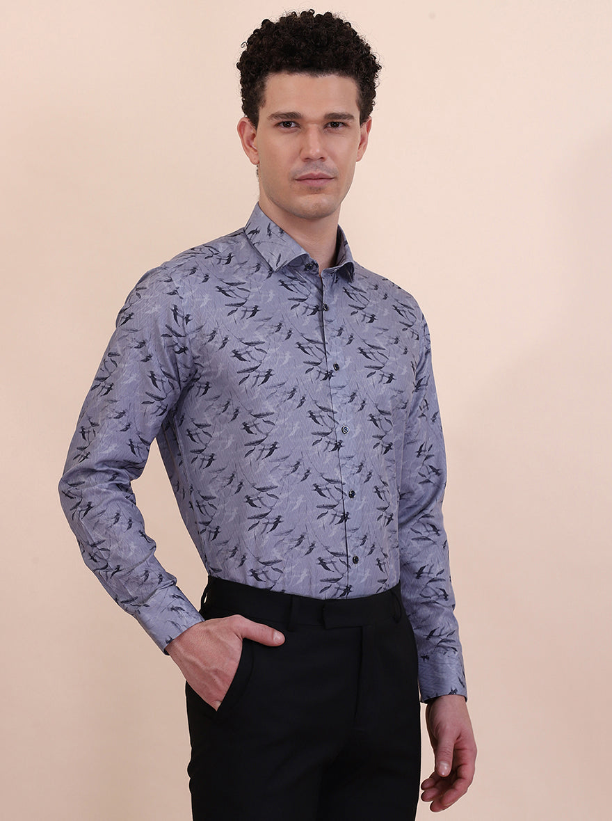 Grey Printed Slim Fit Party Wear Shirt | Greenfibre