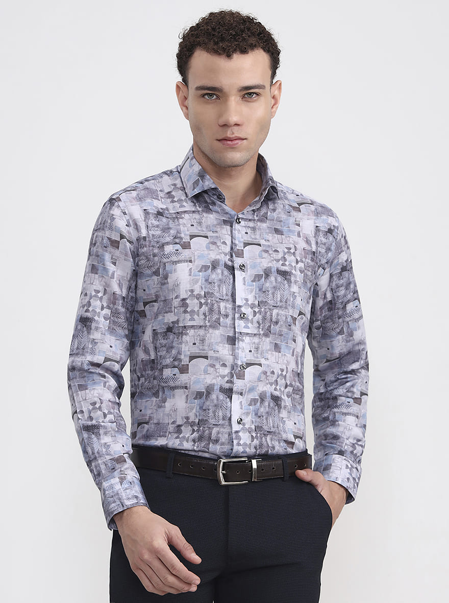 Grey Printed Slim Fit Party Wear Shirt | Greenfibre