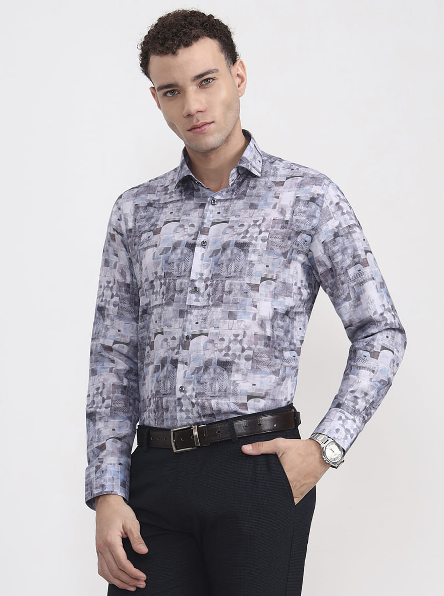 Grey Printed Slim Fit Party Wear Shirt | Greenfibre
