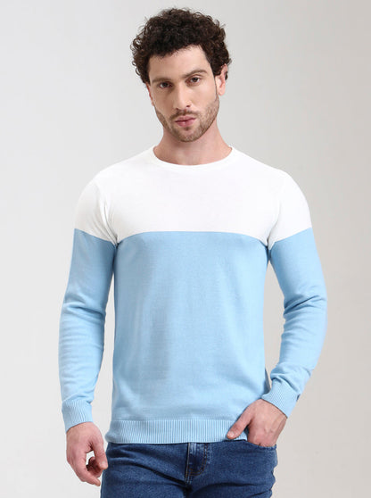 White & Sky Blue Striped Slim Fit T-Shirt | Greenfibre
