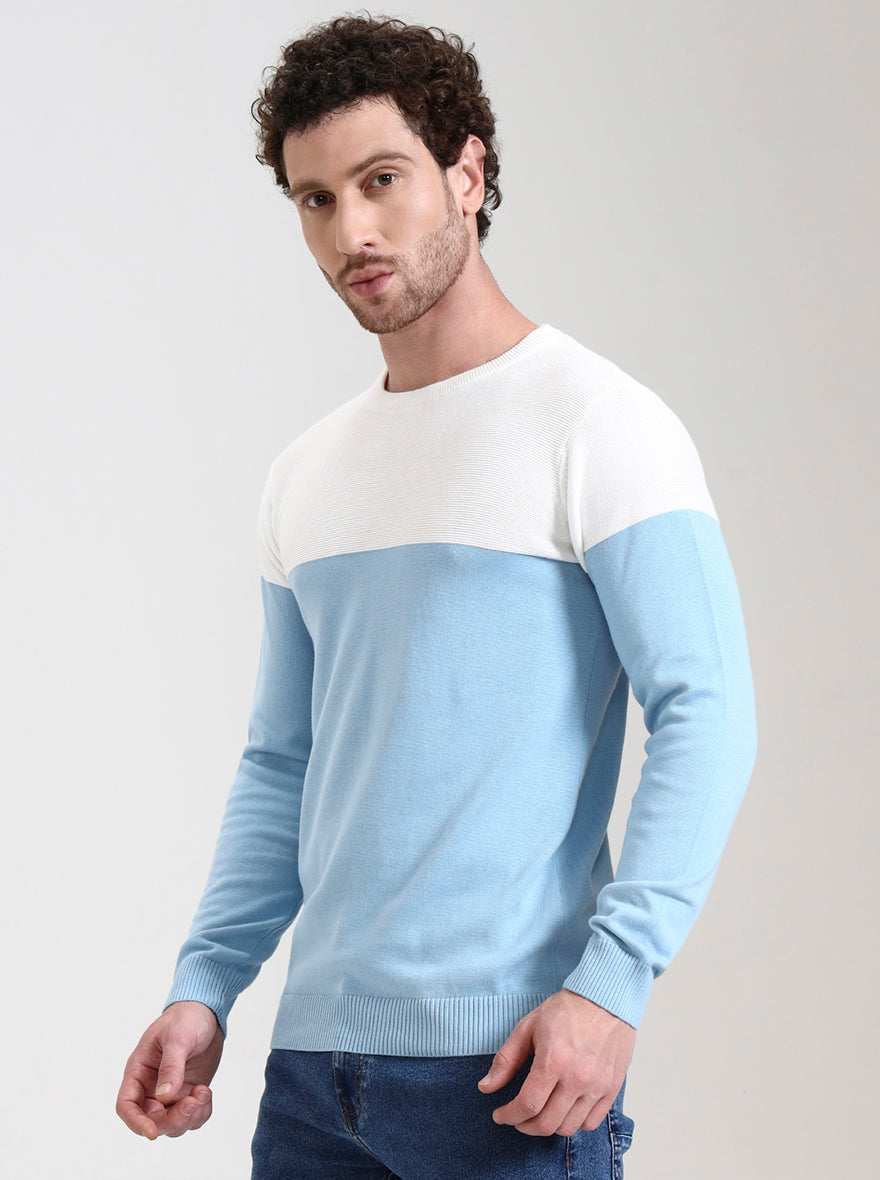 White & Sky Blue Striped Slim Fit T-Shirt | Greenfibre