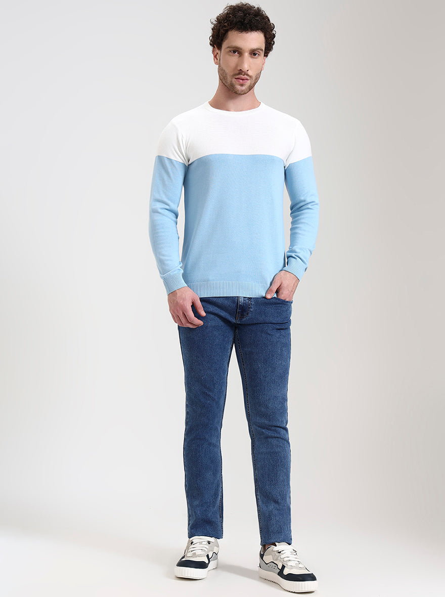 White & Sky Blue Striped Slim Fit T-Shirt | Greenfibre