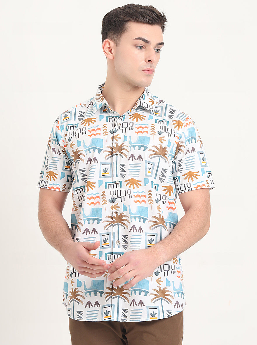 White Printed Slim Fit Casual Shirt | JadeBlue