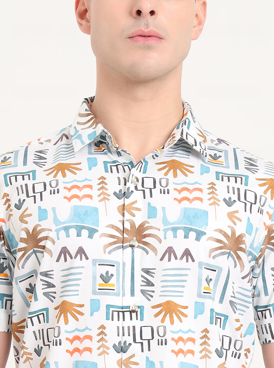White Printed Slim Fit Casual Shirt | JadeBlue