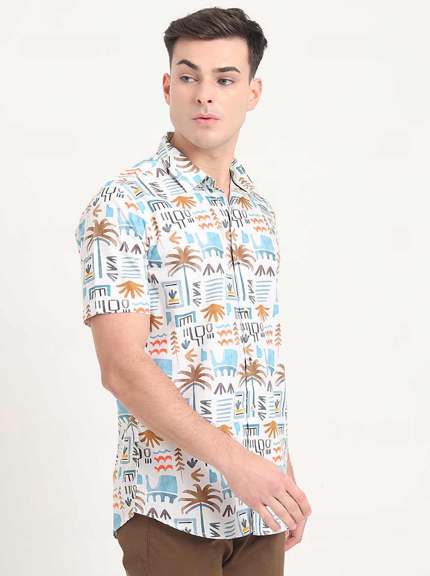 White Printed Slim Fit Casual Shirt | JadeBlue
