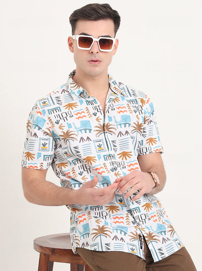 White Printed Slim Fit Casual Shirt | JadeBlue