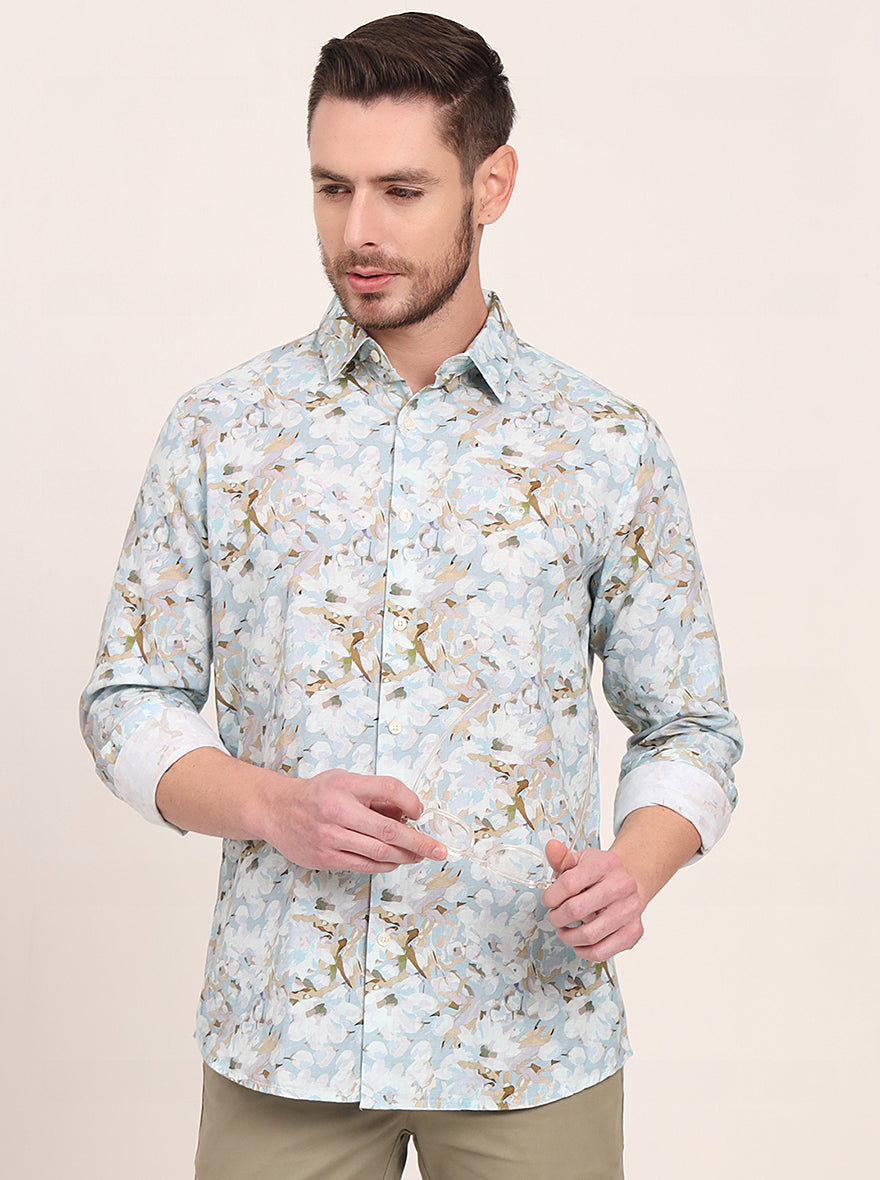 Sky Blue Printed Slim Fit Casual Shirt | JadeBlue
