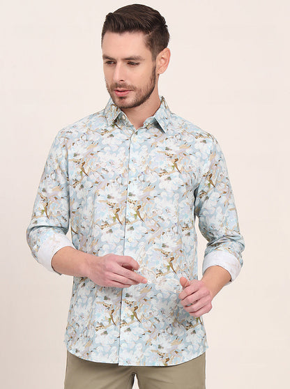 Sky Blue Printed Slim Fit Casual Shirt | JadeBlue