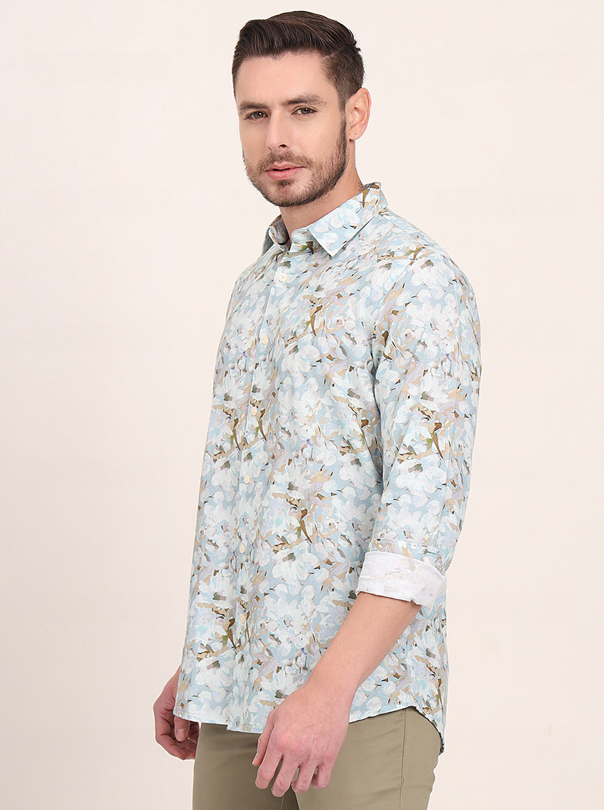 Sky Blue Printed Slim Fit Casual Shirt | JadeBlue