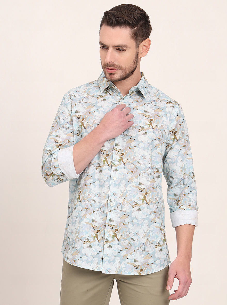 Sky Blue Printed Slim Fit Casual Shirt | JadeBlue