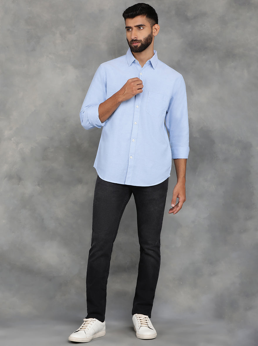 Sky Blue Solid Slim Fit Casual Shirt | GreenFibre