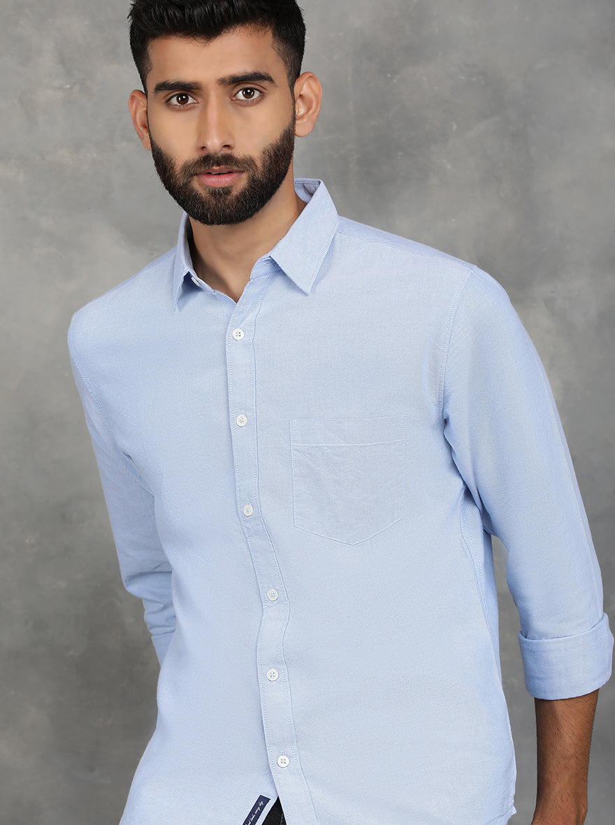 Sky Blue Solid Slim Fit Casual Shirt | GreenFibre