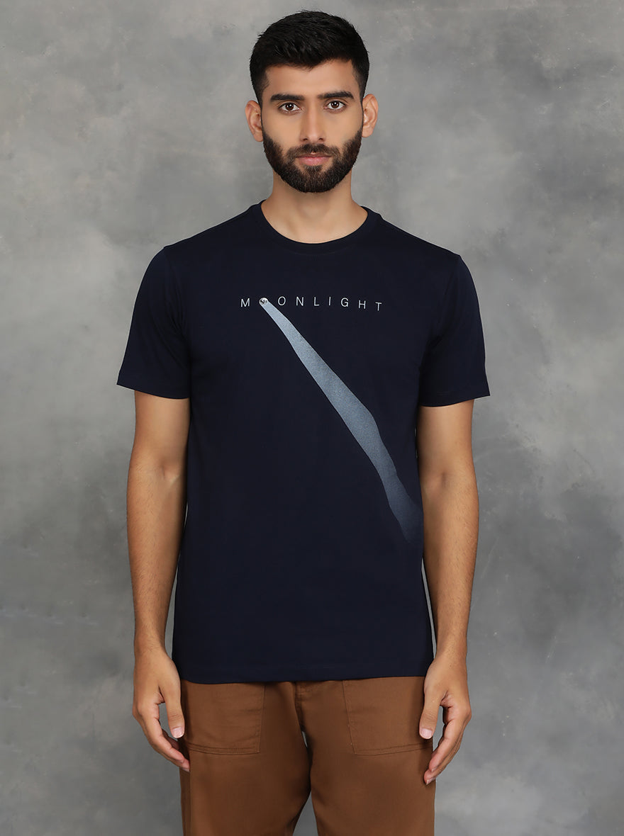 Navy Blue Printed Slim Fit T-Shirt | GreenFibre