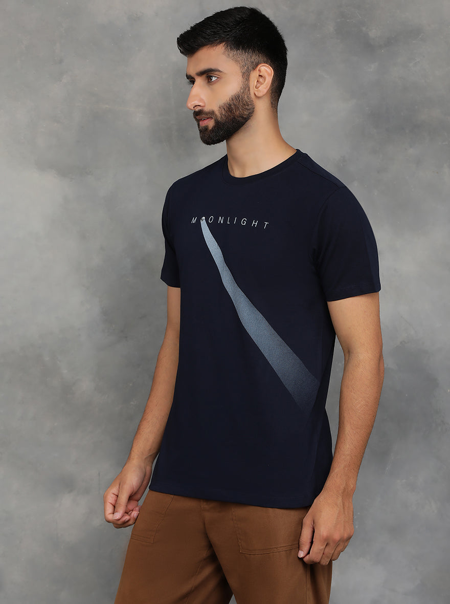 Navy Blue Printed Slim Fit T-Shirt | GreenFibre