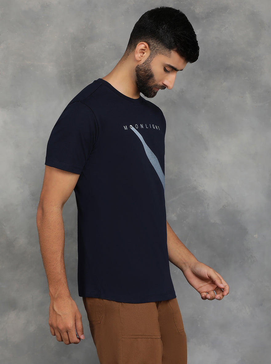 Navy Blue Printed Slim Fit T-Shirt | GreenFibre