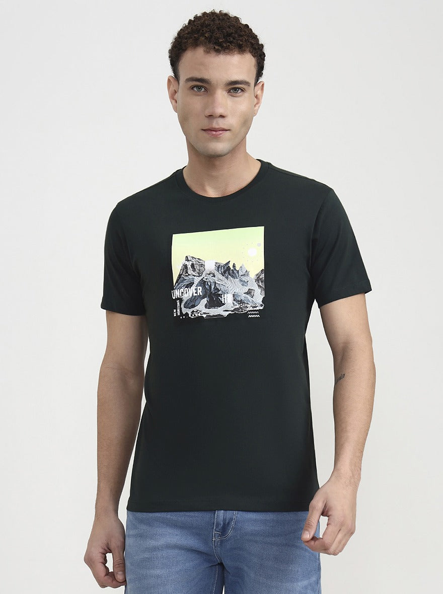 Bottle Green Printed Slim Fit T-Shirt | Greenfibre