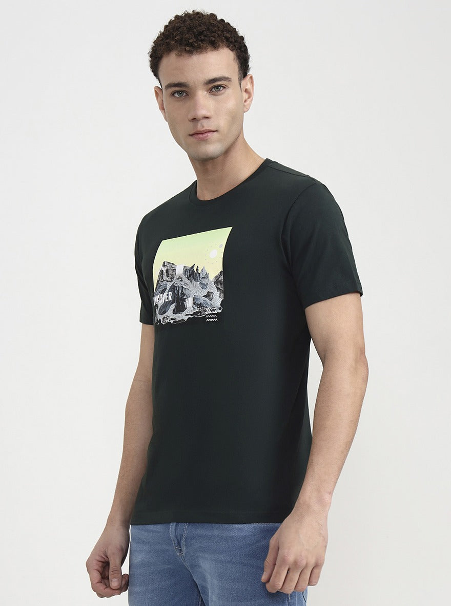 Bottle Green Printed Slim Fit T-Shirt | Greenfibre