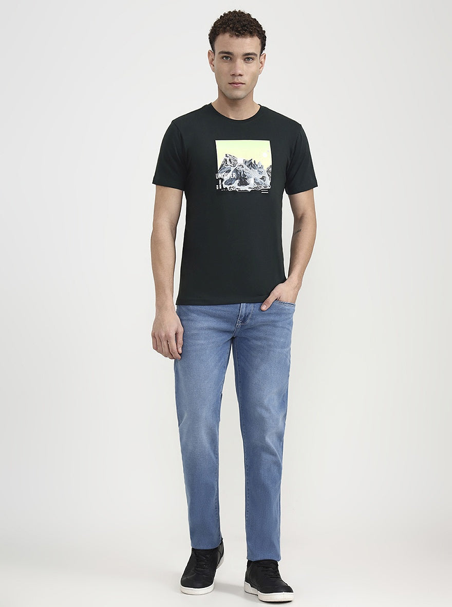 Bottle Green Printed Slim Fit T-Shirt | Greenfibre