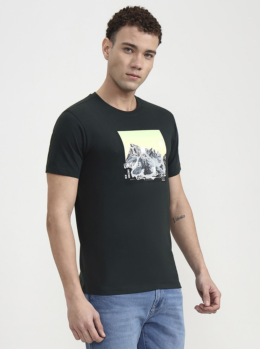 Bottle Green Printed Slim Fit T-Shirt | Greenfibre