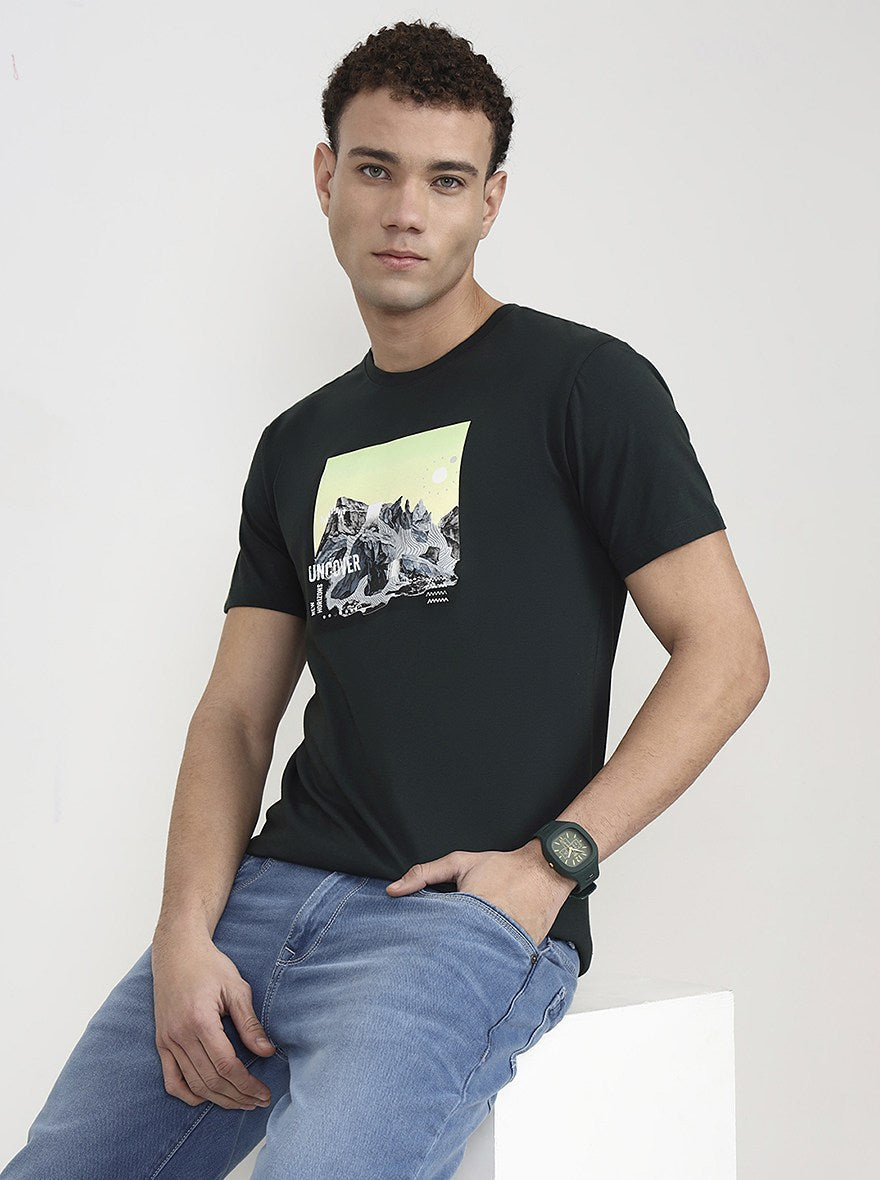 Bottle Green Printed Slim Fit T-Shirt | Greenfibre