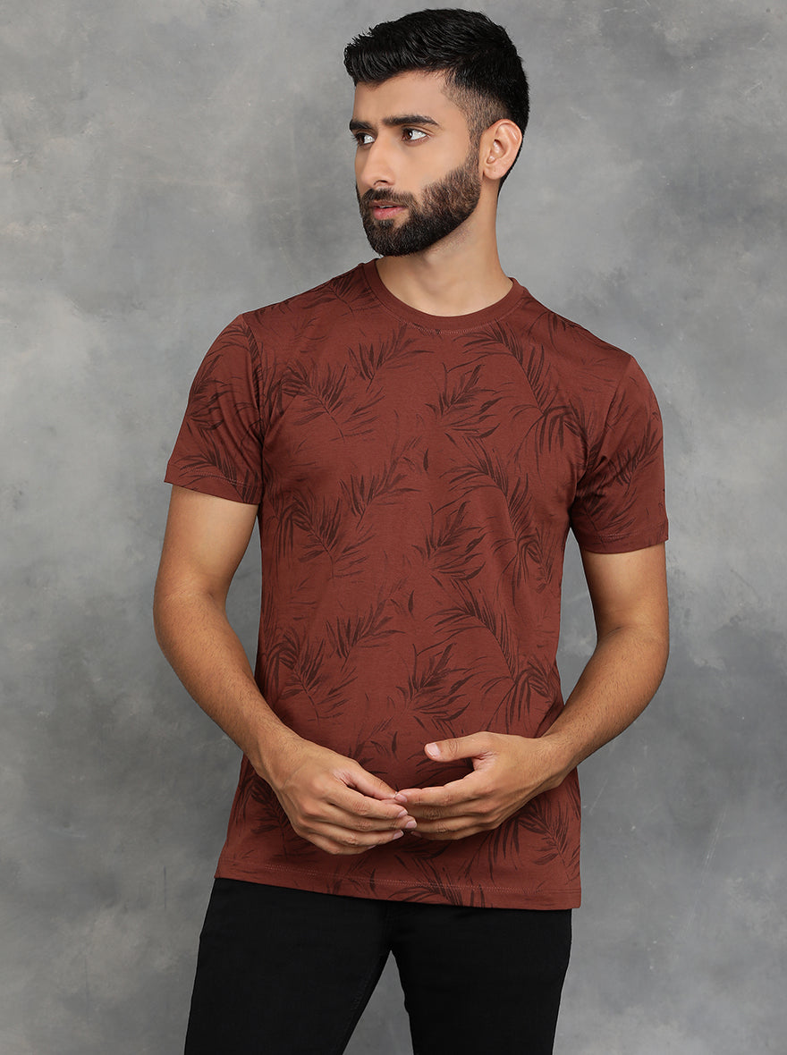 Brown Printed Slim Fit T-Shirt | GreenFibre